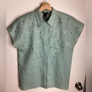Suzelle Mint Green Embroidered Linen Short Sleeve Shirt M